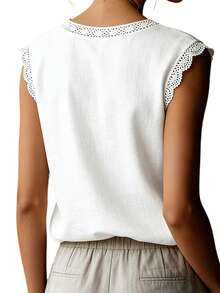 Women's Lace Trim Summer Tops Fashionable Casual Cap Sleeve Crew Neck Loose Fit Linen T Shirt - trắng - Xem 6