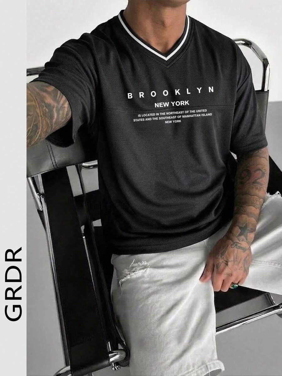GRDR 男士夏季简约英文标语印花休闲透气V领短袖T恤，舒适时尚 - 黑色 - 查看 1