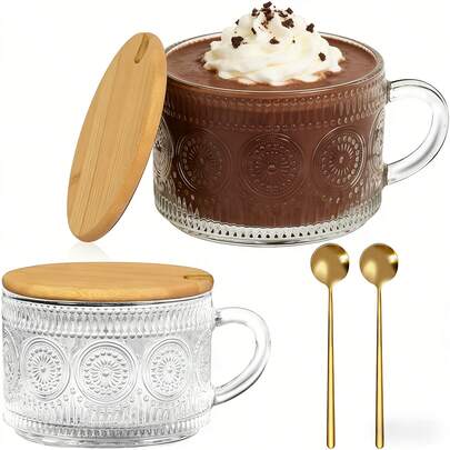 Bộ 1/2 tách cà phê thủy tinh cổ điển, tách trà trong suốt có nắp và thìa, thích hợp cho cappuccino, latte, ngũ cốc, sữa chua, đồ uống, quà tặng Lễ Tạ ơn.