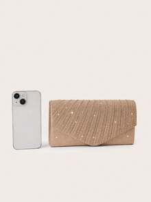 REMANLAND Minimalist And Sleek Clutch With Glitter Diagonal Pleated Accents, Featuring Clean Lines, A Refined Glitter Finish, Streamlined Diagonal Pleats And Envelope Silhouette. Seamlessly Transitions From Office Meetings To Business Dinners, Balancing Professionalism With Subtle Luxury For Everyday Elegance. It Is The Best Gift For Women - Champagne - View 7