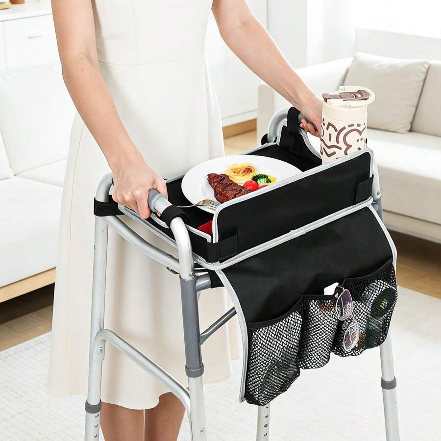 JFMkaer Walker Tray With Cup Holder – Folding Walker With Pockets & Non Slip Mat For Food,Mobility Trays Fits Most Standard Folding Walkers,Walker Accessories For Elderly - Black - View 1