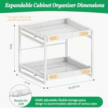 REALINN - Organizador de gabinete extraíble de 2 niveles estantes deslizantes de 21 pulgadas de profundidad cajones expandibles de 14 a 22.5 pulgadas de ancho resistentes para ollas de cocina - Blanco - Ver 2
