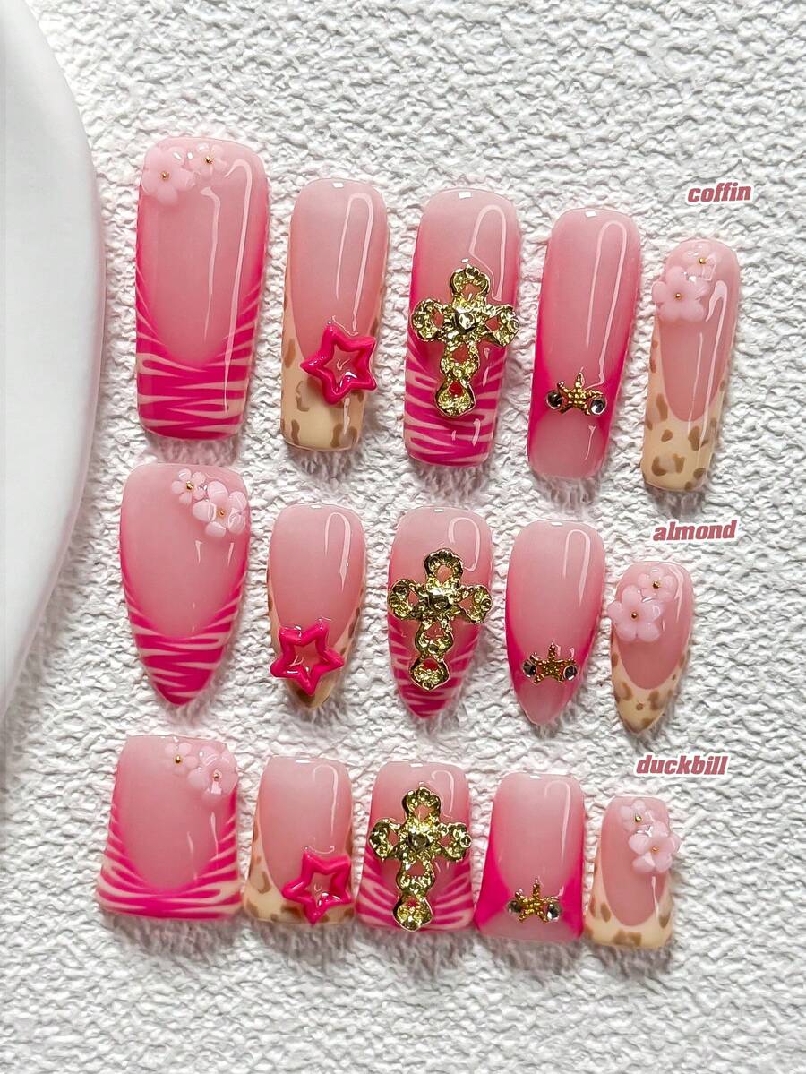 10pcs Sweet Fashion Princess Style Polygonal Gel Nail Art Set, Acrylic Pressed Nails, Leopard Print, 3D Rose Pink Stars, Hollow Gold Cross, Golden Starfish, Jelly Texture Nail Decorations, Includes Nail File (1 Jelly Sticker + 1 Nail File). Available In 3 Sizes: Almond, Duck Mouth, Coffin. Suitable For Daily, Date, Leisure, Travel Photography, Spring/Summer Commute, Etc. - 彩色 - 查看 1