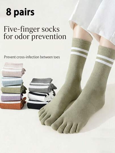 8 Pairs Unisex Toe Separator Socks, Casual Striped & Solid Color Mid-Calf Socks, Suitable For All Seasons, Unisex