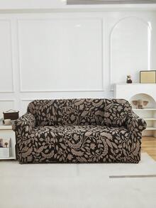 1pc Plant Leaf Pattern Sofa Cover, European Style Plush Jacquard High Elasticity Full Coverage Sofa Slipcover, Suitable For Various Occasions, Essential Home Item - Khaki - View 2