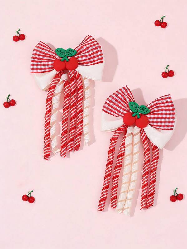 2个红色樱桃蝴蝶结发夹，樱桃格纹鳄鱼夹蝴蝶结发饰，卷曲流苏蝴蝶结发夹，甜美丝带发卡，可爱发饰，女孩礼物，派对，春季，夏季