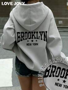 Áo hoodie nữ in chữ LOVE JOYY, rộng rãi và thoải mái, áo nỉ chui đầu thời trang thường ngày, phù hợp cho mùa thu/đông, màu xám. - Xám - Xem 1