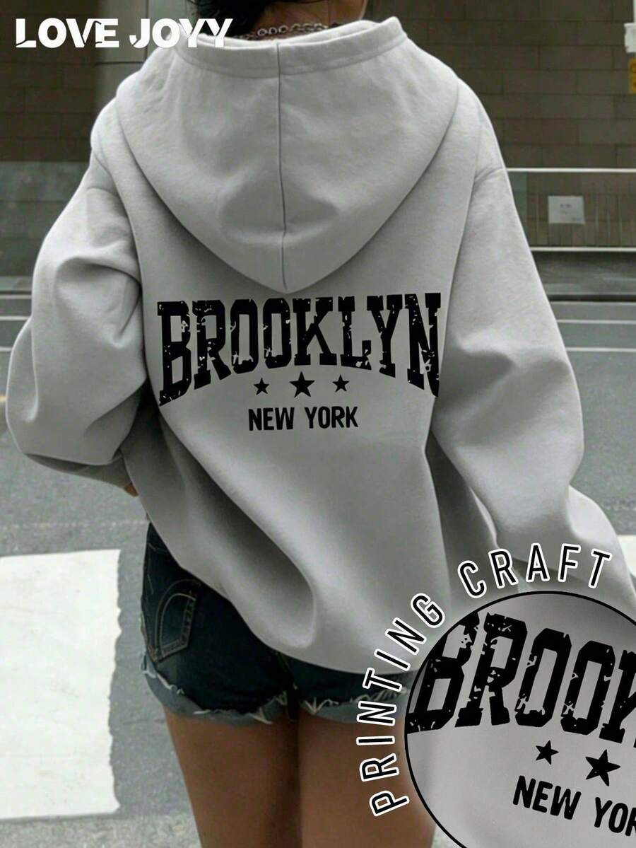 Áo hoodie nữ in chữ LOVE JOYY, rộng rãi và thoải mái, áo nỉ chui đầu thời trang thường ngày, phù hợp cho mùa thu/đông, màu xám. - Xám - Xem 1