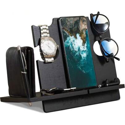 1pc Men's Wooden Desk Organizer - Christmas Or Birthday Gift For Men - Bedside Or Desk Storage Rack - Gift For Dad (Black)