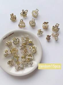 随机15个女士金色发爪，时尚、优雅、可爱，镶嵌闪亮水钻，心形皇冠造型，多款小发爪套装，适合日常佩戴和派对佩戴，女士发饰，女士配饰，夏季沙滩发夹度假发夹，假日旅行礼物 - 彩色 - 查看 4