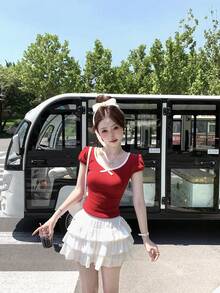 New Spring/Summer Skin-Friendly Modal Fitted T-Shirt With Contrast Bow Tie Detail, Flattering Red Top - Red - View 4