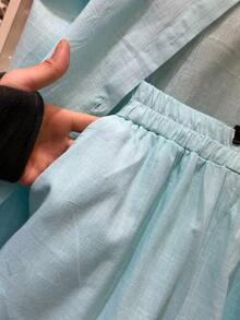 Linen Shirt And Shorts Set (2 Pieces), Lined With Elastic. - Mint Blue - View 4
