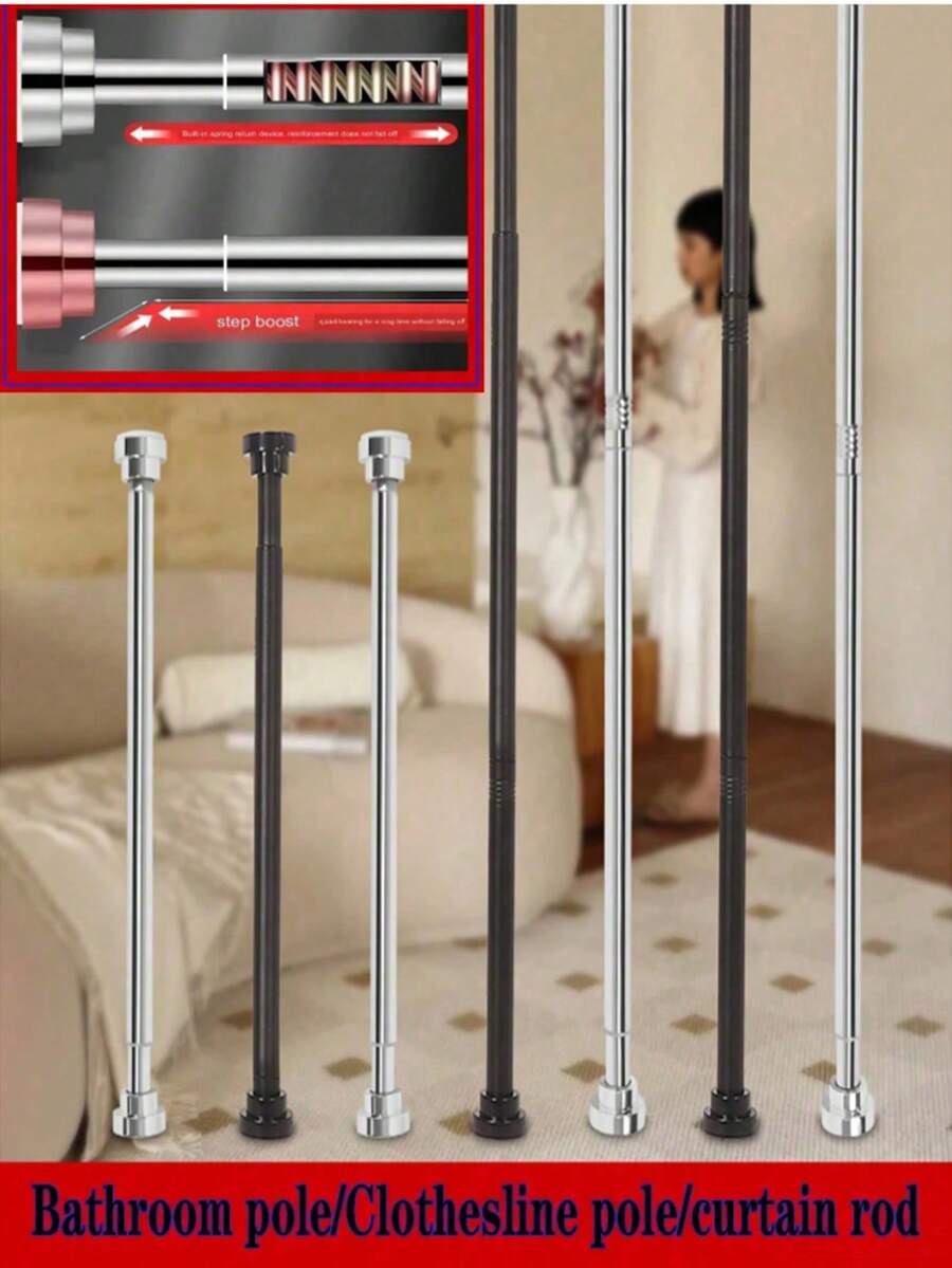 Extra Long Stainless Steel Curtain Rod, Shower Curtain Rod, Curtain Rod, Wardrobe Hanging Rod, Extendable Rod, Laundry Drying Rod, Hanging Rod, Bracket, Kitchen Utensil Storage Rod, Curtain Rod, Adjustable Length, Shower Curtain Rod, Simple Extendable Rod For Kitchen, Bathroom Cabinet, Shoe Rack