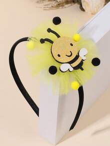 1pc Women's Bee Decorated Headband, Yellow Mesh Hair Band, Black & Yellow Fluffy Ball Decor, Cute Glitter Bee Hair Hoop, Cartoon Spring/Picnic Hair Accessory, Suitable For Teenagers - Yellow - View 7
