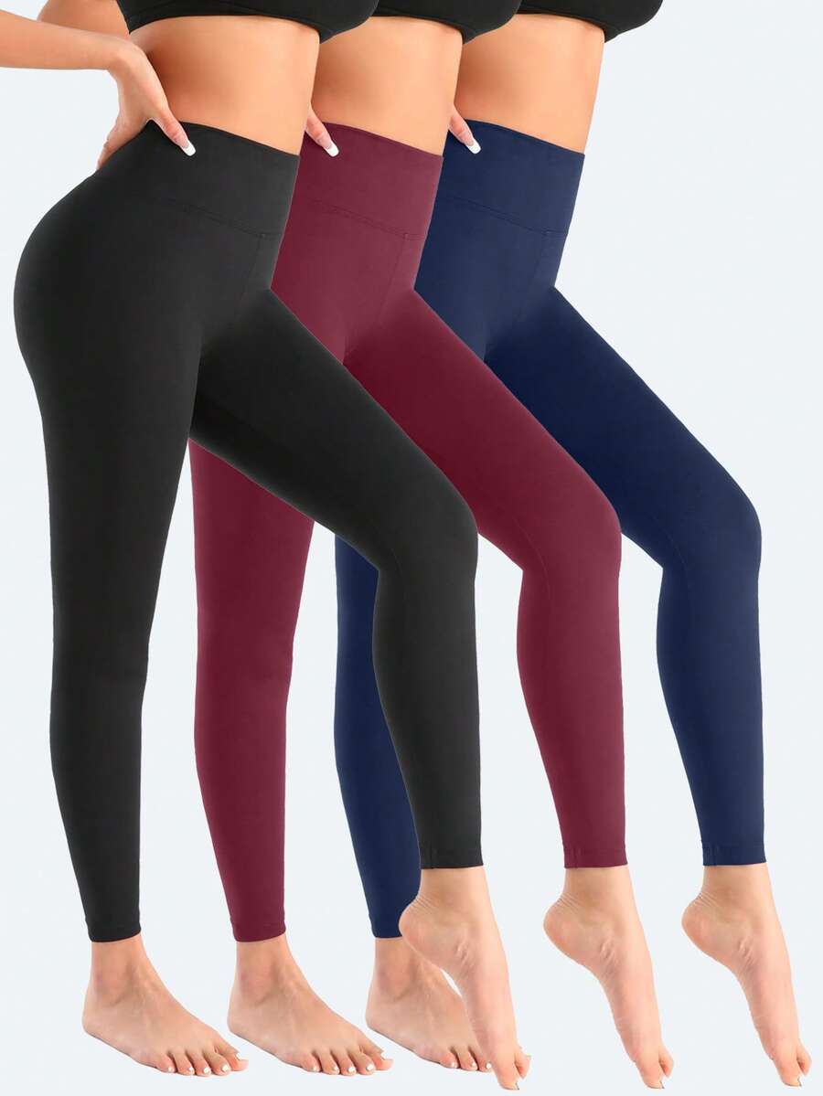 Bộ 3 quần legging cạp cao màu đen trơn dành cho nữ, chất liệu siêu mềm mại, co giãn, không xuyên thấu, thích hợp cho yoga, có cả size thường và size lớn.