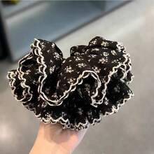 1件復古高端韓系四層荷葉邊飾黑白對比碎花百褶大腸髮圈髮帶 - 彩色 - 查看 6