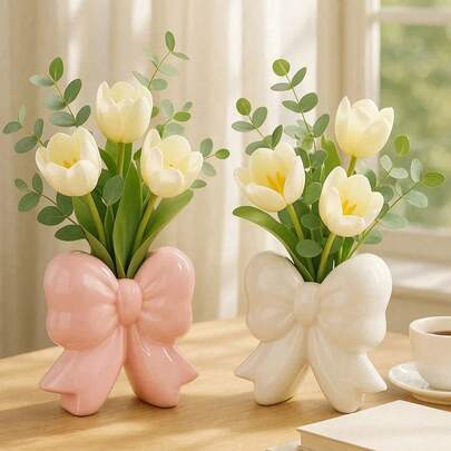1pc Decorative Vase With Bow Tie, Tabletop Centerpiece Floral Arrangement, Home Decor For Living Room, Dining Room, Bedroom, Kitchen, Office, Wedding, Party, Holiday. Cute Bow Design, Modern Indoor Floral Container, Housewarming Birthday Gift