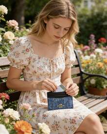 Coach Card Case 10 Card Holder Front Pocket Slim Wallet RFID Blocking Slim ID Card Case In Regenerative Cotton With Quilting - Blue - View 2