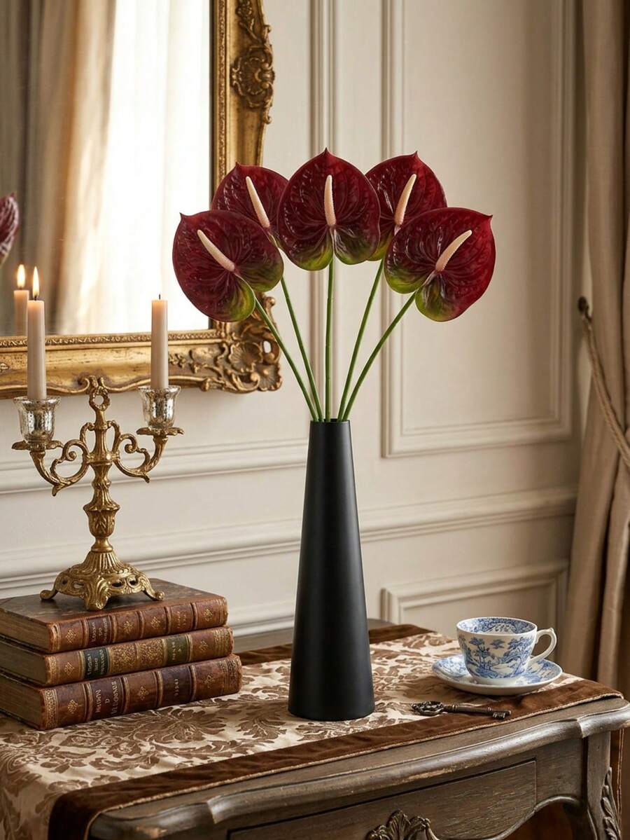 10/5 Pcs Artificial Anthurium Lily Flowers (Red), For Wedding, Office, Party, Hotel, Home Table Deco - Burgundy - View 1