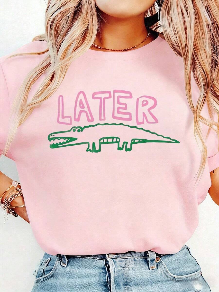 Women's Funny Later Gator T-Shirt - Sarcastic "Later" Crocodile Graphic Tee In White & Pink - Lightweight Everyday Shirt For Women - Machine Washable Casual Top, Allseason Apparel, Playful Graphic Shirt, Comfortable Fit ShirtBreathable All-Season Round Neck Printed T-Shirt - 粉色 - 查看 1