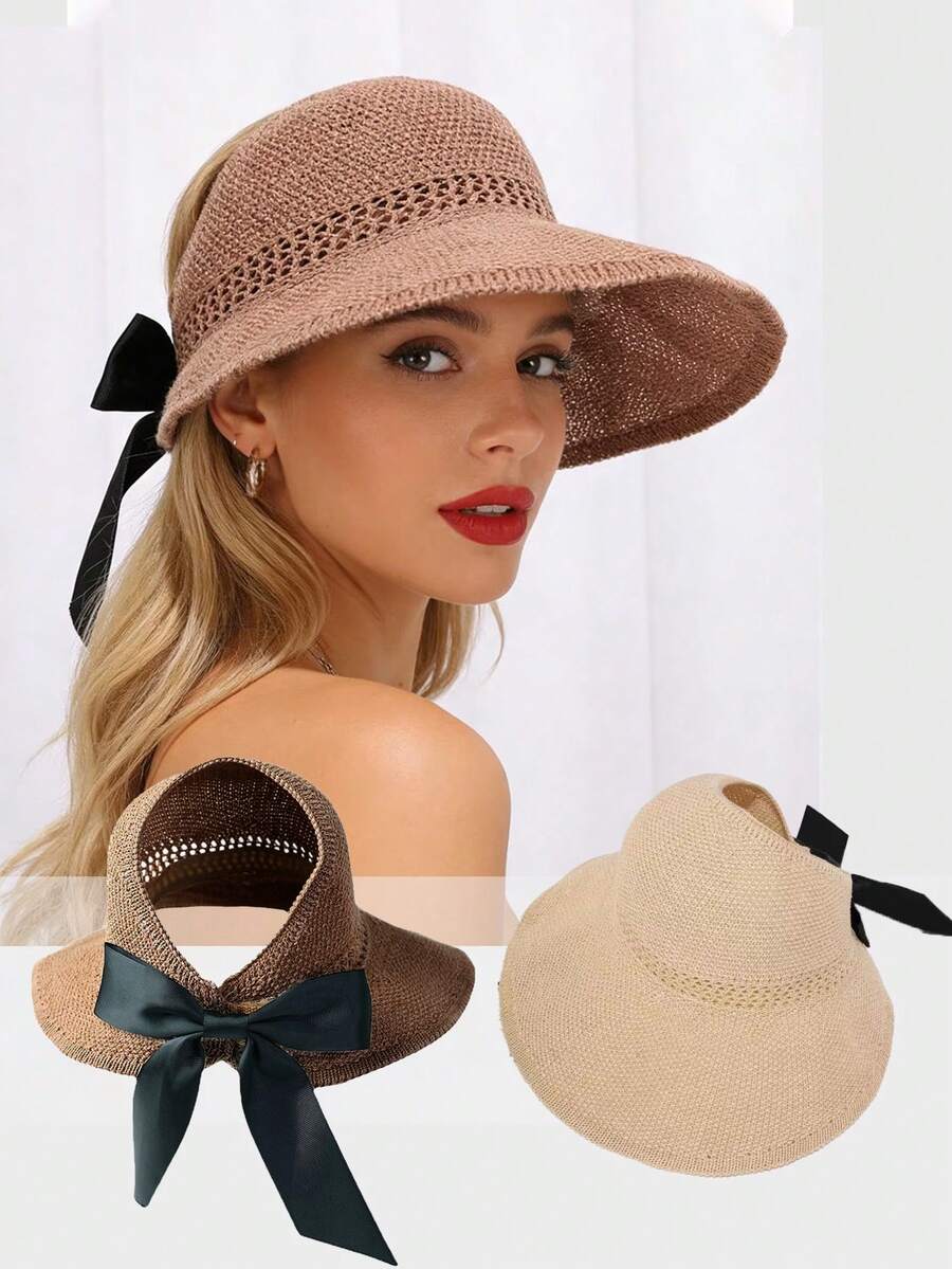 女士宽檐草编遮阳帽，可卷起马尾辫，夏季沙滩帽，防紫外线，UPF，可折叠，旅行必备，波西米亚风蝴蝶结 - 彩色 - 查看 1