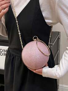 New Luxury Rhinestone Embellished Round Handbag, Chain Strap Messenger Bag, Glamorous Evening Clutch - Pink - View 5