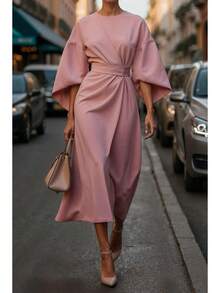 2026 Women S European American Fashion Elegant Solid Color Waist Cinching Bat Sleeve Long Dress Casual Party Work Office Dresses - 粉紅色 - 查看 1