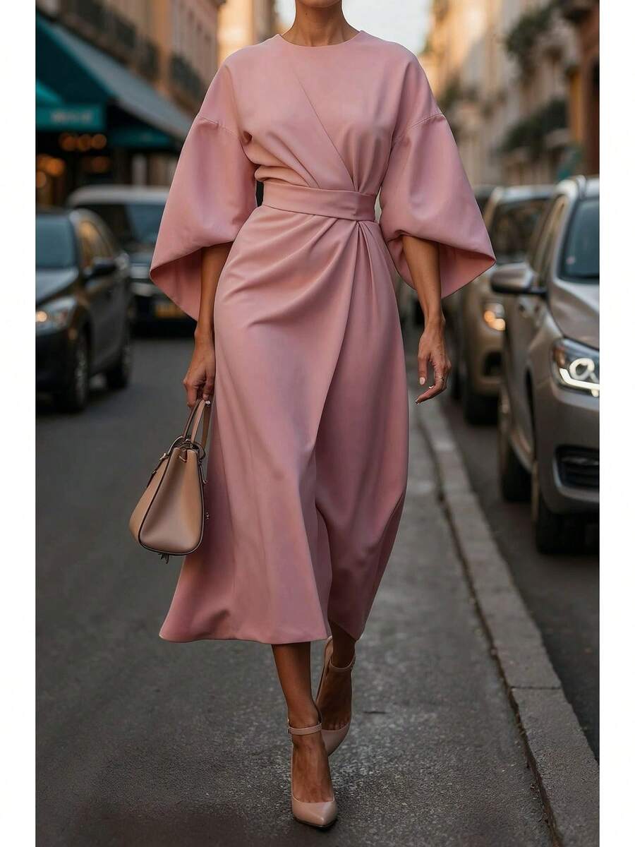 2026 Women S European American Fashion Elegant Solid Color Waist Cinching Bat Sleeve Long Dress Casual Party Work Office Dresses - 粉紅色 - 查看 1