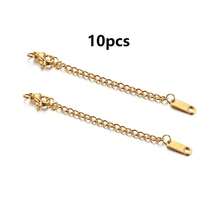 10 pièces de chaînes d'extension à fermoir homard en acier inoxydable, chaînes de réglage en acier au titane plaqué or 18 carats avec étiquette ovale, accessoires de bijouterie DIY - Multicolore - Voir 6