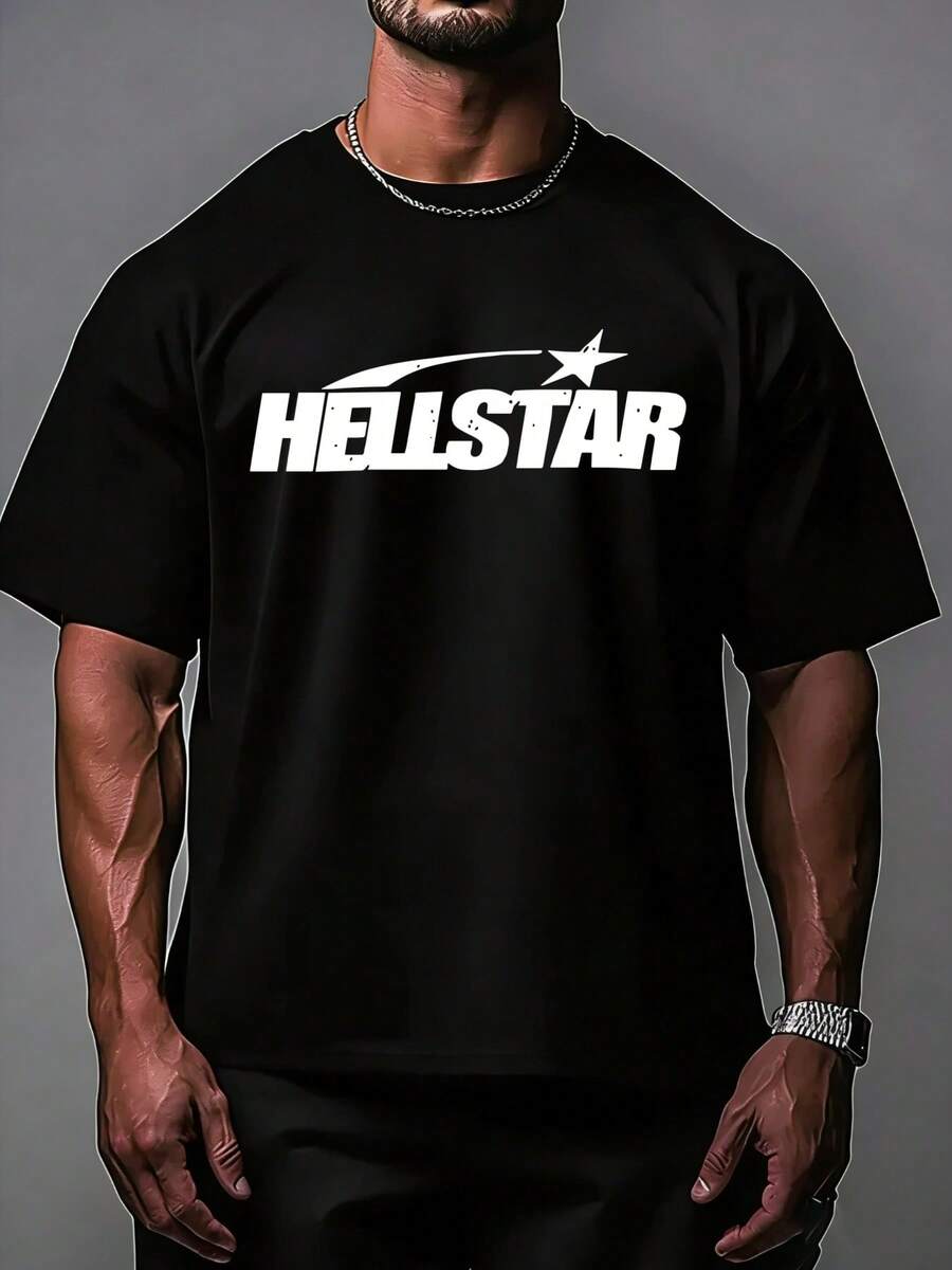 Hellstars Minimalist Star Logo Y2K Graphic T-Shirt,220g 100% Cotton,Round Neck Short Sleeve,Black Streetwear Essential For Summer Going Out,Unisex Style - Black - View 1