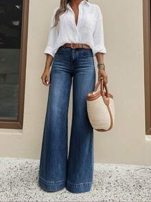 PETITE Vintage Washed Wide Leg Women's Jeans, Loose Flattering Casual Long Pants - Dark Wash - View 5
