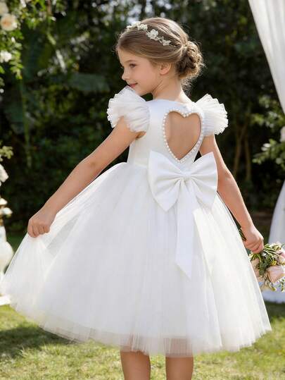 年轻女孩优雅蝴蝶结装饰公主花童礼服，适合小女孩婚礼、派对、生日、宴会、正式场合