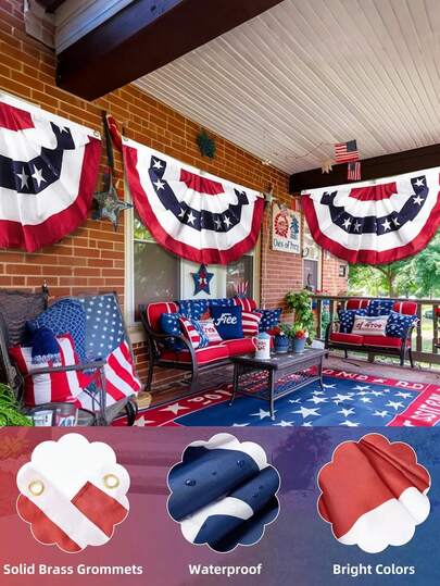 1件/2件装彩色扇形美国国旗设计，带有爱国主义褶皱细节，配有黄铜扣眼，方便安装，适合7月4日装饰，也可用于户外门廊、家居展示、节日、独立日、毕业季、夏威夷泳池派对、爱国主义庆典、婚礼派对、生日、周年纪念等场合。