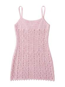 Summer Sweet Pink Hollow-Out Knit Camisole Camisole, Sexy Short Beach Cover-Up Camisole - Pink - View 8