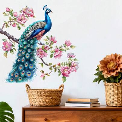 1件孔雀粉色花枝墙贴，优雅花鸟PVC墙贴，适用于卧室、客厅、玄关装饰