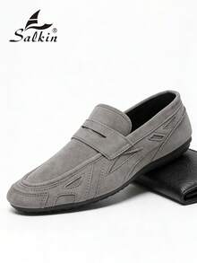 Salkin 经典男士莫卡辛鞋，奢华麂皮乐福鞋，柔软皮革商务正装鞋，适合日常办公、派对、婚礼、浪漫晚餐、学生返校休闲穿着，尺码偏大 - 灰色 - 查看 8