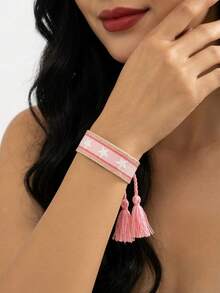 1 pieza Brazalete trenzado hecho a mano con bordado de pentagrama bohemio - Multicolor - Ver 6