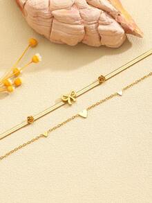 2 piezas Elegante pulsera de acero inoxidable de doble capa con lazo, accesorio minimalista y versátil para mujeres, adecuado para uso diario y fiestas, un gran regalo para amigos - Amarillo Oro - Ver 3