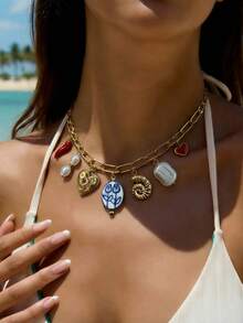 1件不锈钢贝壳心形吊坠项链，女士日常/度假/派对饰品，情人节、母亲节礼物 - 彩色 - 查看 1