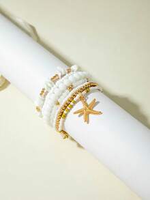 Set de 7 piezas/14 piezas de pulseras trenzadas con estrellas de mar de vidrio estilo bohemio, un regalo precioso para mujeres en vacaciones de playa - Multicolor - Ver 9