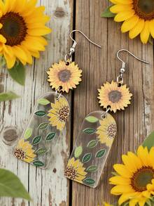 Retro Countryside Style Sunflower Wooden Earrings, Transparent Acrylic Printed Bohemian Long Earrings - Multicolor - View 7