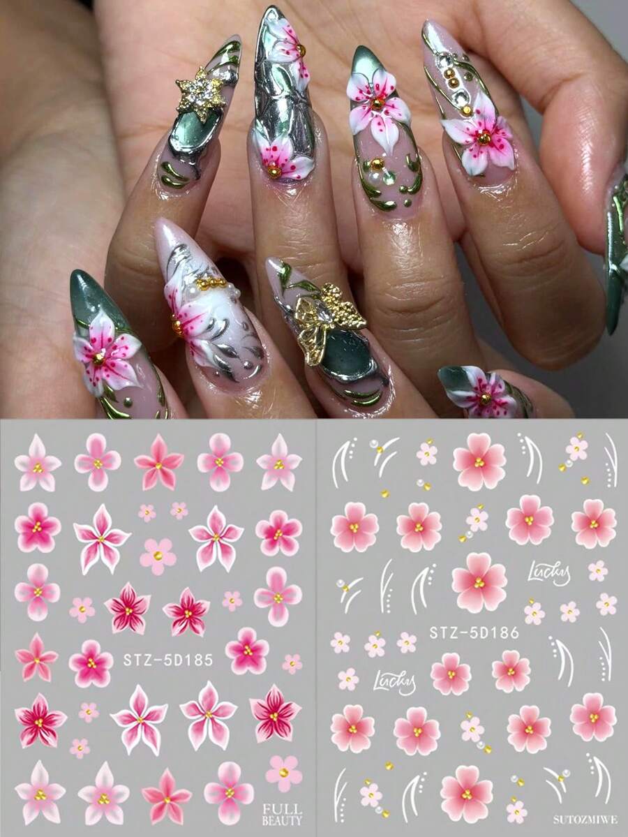 2 pièces Autocollants d'art pour ongles Sakura rose printemps, décalcomanies de fleurs de pétales d'orchidée rose vif, décorations d'art pour ongles printemps/été, fournitures de manucure de mariage, décorations d'ongles pour festival de musique DIY - Multicolore - Voir 1