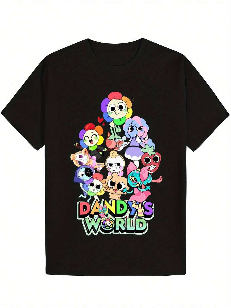 Dandy World Men's Pure Cotton T-Shirt, Soft And Comfortable Round-Neck T-Shirt With Bright Cartoon Prints, Perfect For Casual Wear, 220 Grams - 黑色 - 查看 1