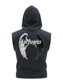 洛杉矶城市雄狮图案无袖背心，男士深灰色连帽休闲背心，复古字体印花设计，透气舒适夏季街头服饰 - 灰色 - 查看 4