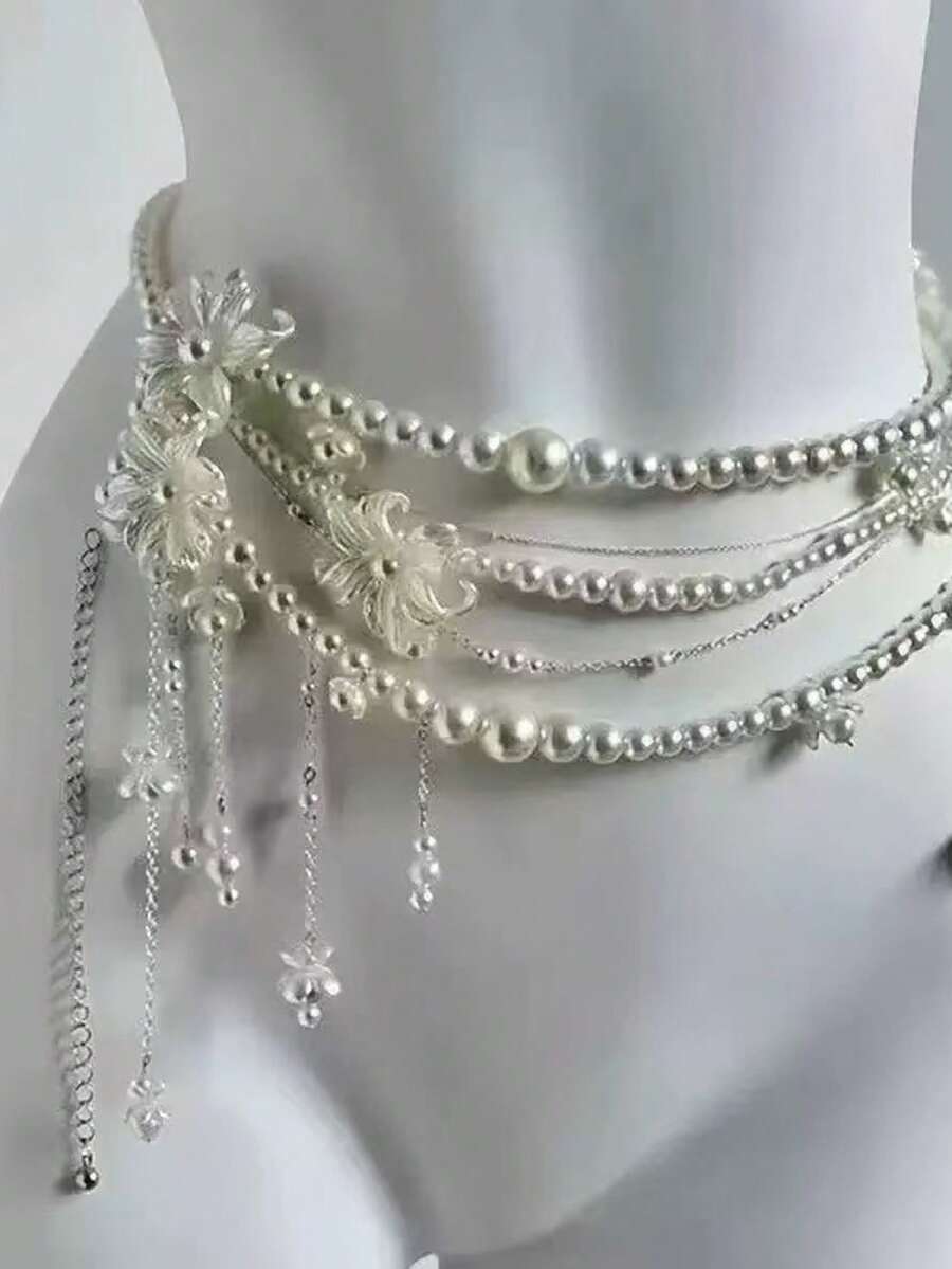 1pc Fashion Minimalist Pearl Tassel Multi-Layer Waist Chain, Unique Elegant Chic Elegant Sexy Butterfly & Flower Pearl Waist Chain, Women's Holiday Gift, Women's Party Jewelry - Multicolor - View 1