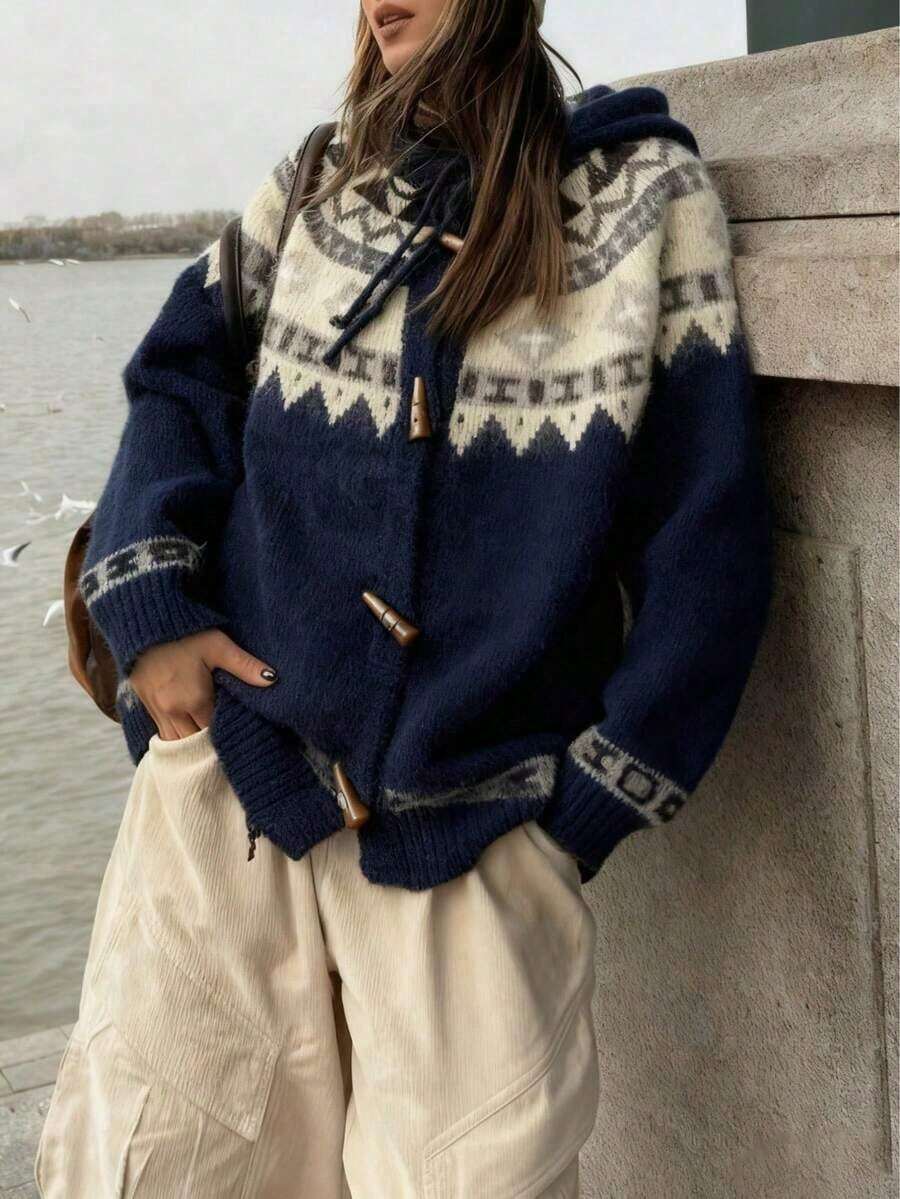 Geometric Pattern Cow Horn Button Long Sleeve Hooded Knitted Sweater Cardigan Daily Casual Cozy High Quality Tops Fashion Fall/Winter Warm Clothes For Women - Navy - View 1