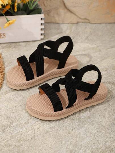 1 par de sandalias planas de playa, de unicolor, con tiras de tela suave cruzadas, talón elástico, punta redonda, suela suave y antideslizante, sandalias romanas elegantes y bonitas, adecuadas para uso diario casual, playa, campus, primavera/verano, nueva llegada