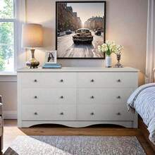 6 Drawer Double Dresser, Wide Wood Chest Of Drawers Storage Tower Storage Living Room Bedroom - 白色 - 查看 9