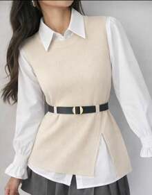 2-Piece Set: Long-Sleeved Dress Shirt + Ribbed Knit Vest With Side Slit And Belt - 米色 - 查看 1
