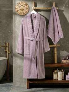 RASELA HOME - 70% Cotton 30% Polyester - Bathrobe And Towel Set (50*90 Towel), Made In Turkey - Mauve Purple - View 2